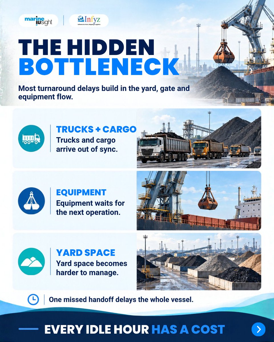 MarineInsight's tweet photo. ⁉️ Why do dry bulk carriers spend more time in port than other vessels? 

⏳From specialized cargo handling to complex ballast/stress management and weather sensitivity, port turnarounds require precision.  
 
Explore: https://t.co/BnSedtq92q

#Maritime #Shipping #PortOperations https://t.co/i5SWQqVfRl