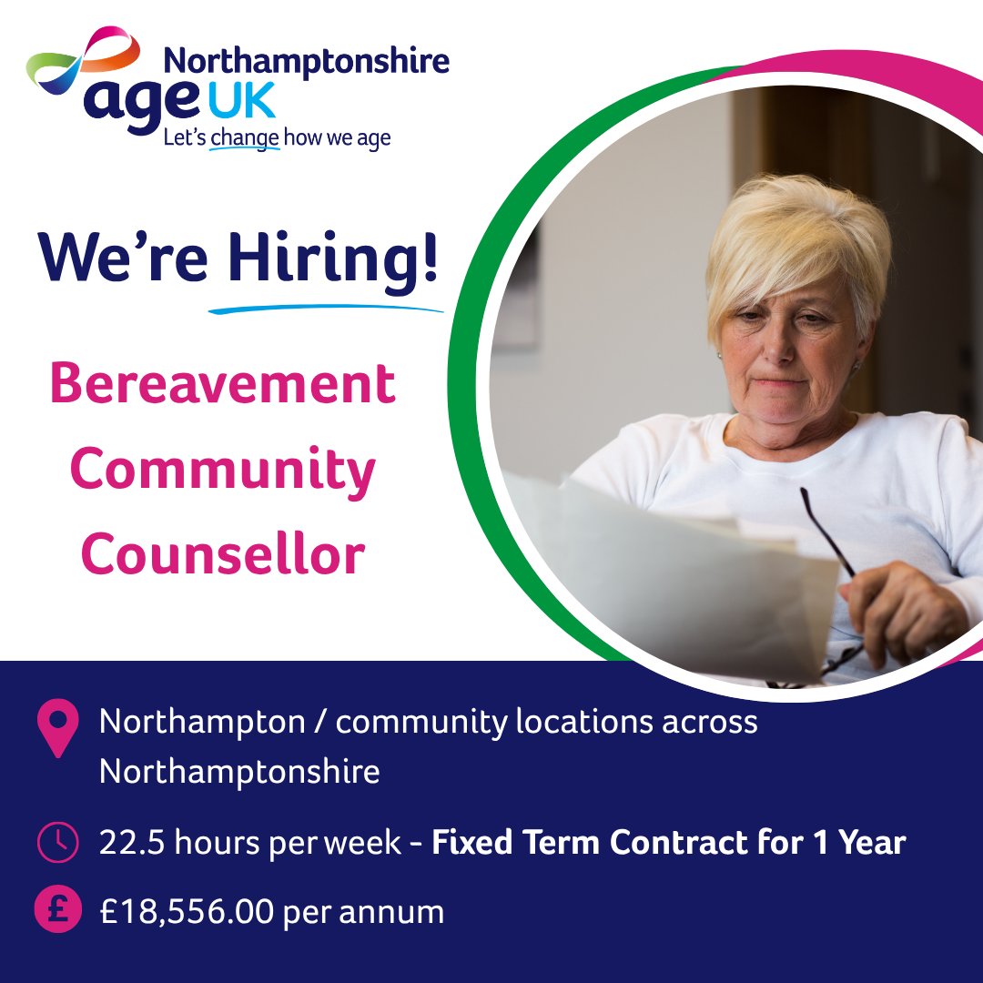 AgeUKNorthants's tweet photo. We're looking for a Bereavement Community #Counsellor to join our team. Help support people across #Northamptonshire through bereavement, providing counselling, support groups and community support. 💷 £18,556 per annum
👉 Apply: https://t.co/Rs3cl0folf
#WereHiring #CharityJobs https://t.co/AIakdwo8TS