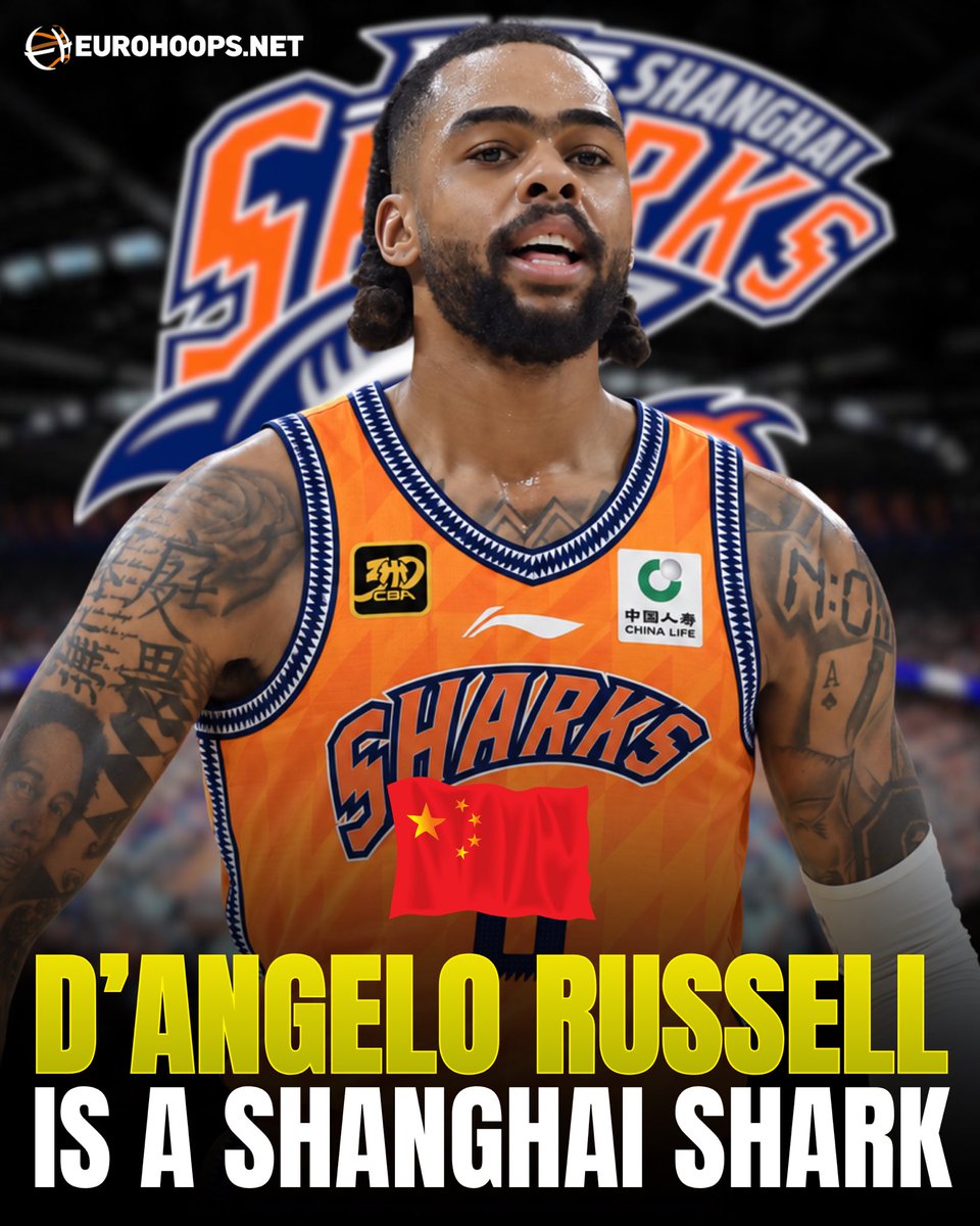 Eurohoopsnet's tweet photo. D-LO IS TAKING HIS TALENTS TO CHINA 🇨🇳🦈

D’Angelo Russell begins a NEW chapter of his career with the Shanghai Sharks 👀🔥 https://t.co/OPMLE1yCEr