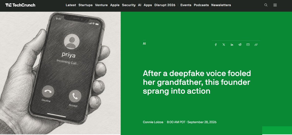 tarini_axory's tweet photo. Our story @DetectIfAI just got featured on @TechCrunch!

still processing this one. a deepfake call to my grandfather started it all - what we ship next speaks for itself. https://t.co/owRs8wd29B