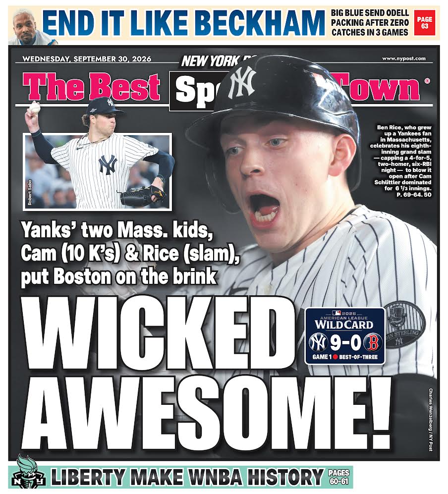 nypostsports's tweet photo. The back page: WICKED AWESOME!

Yanks' two Mass kids, Cam (10 K's) &amp; Rice (slam), put Boston on the brink

Read more: https://t.co/Bc3ILbSeuV   https://t.co/hZHu2pMa67 https://t.co/usrto0SUuM