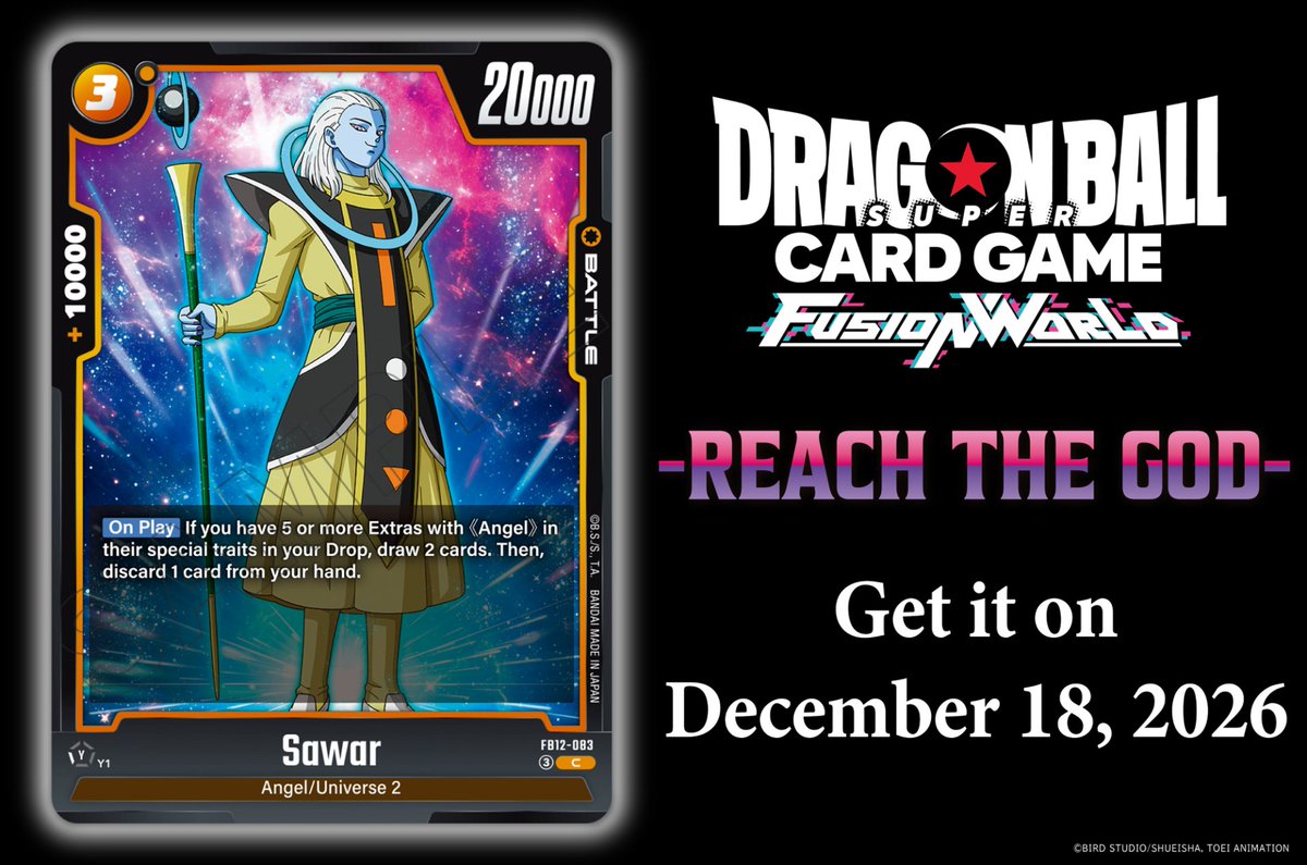 dbfw_cardgameEN's tweet photo. [FB12 Card Reveals]
Today we're revealing the Battle Card Sawar from the Booster Pack REACH THE GOD [FB12]!
It'll be released on Dec. 18 2026!

Details: https://t.co/aRhbvoGnYd

#DragonBall
#dbfw
#FusionWorld
#dbscardgame https://t.co/ZCgoKHodC5