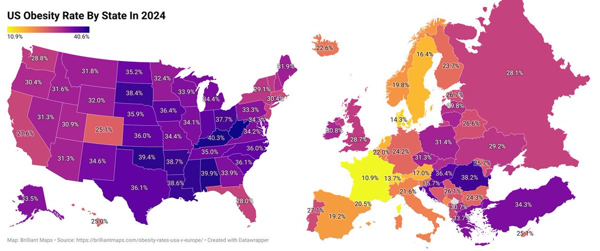 BrilliantMaps's tweet photo. Obesity Rates: US States vs European Countries

Full data by country: https://t.co/tVXwwZnLW7 https://t.co/pN2WrtkQZN
