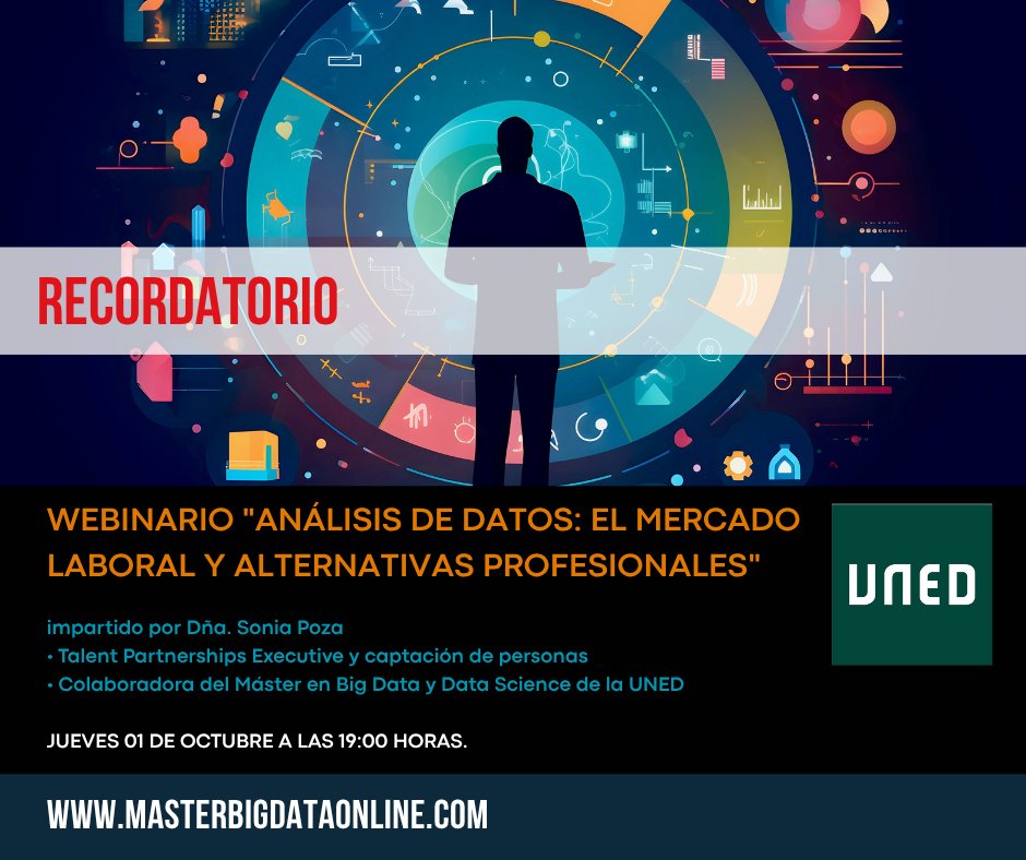 MasterRGPD's tweet photo. JUEVES 01 DE OCTUBRE A LAS 19:00 HORAS.
Dña. Sonia Poza 
• Talent Partnerships Executive y captación de personas 
• Colaboradora del Máster en Big Data y Data Science (https://t.co/QPLqb4ZZSs)
Enlace: https://t.co/DlJqPeJYDp

@FundacionUNED #analisisdedatos #cientificodedatos https://t.co/5VQh3NhEtM