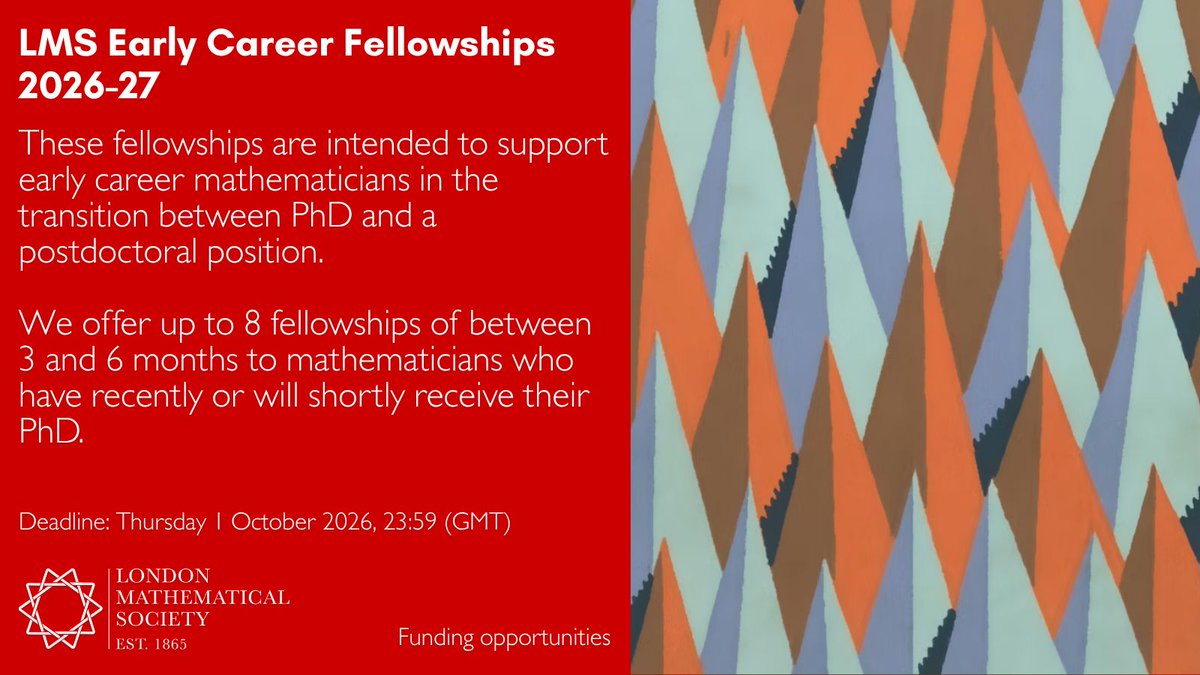LondMathSoc's tweet photo. The 2026-27 Round of LMS Early Career Fellowships are live, open to early career mathematicians in the transition between PhD and a postdoctoral position.

Deadline is TOMORROW (1 October 2026).

For further details ➡️ https://t.co/Gn9eEDL3QK https://t.co/bxIiRdNJ93