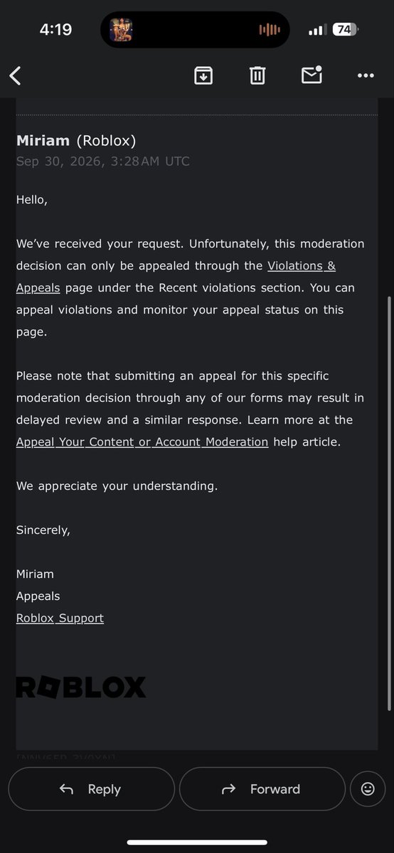 jayaity's tweet photo. This is what @Roblox gives me for appealing thru support form under “appeal a decision” https://t.co/WjeN9oCybK