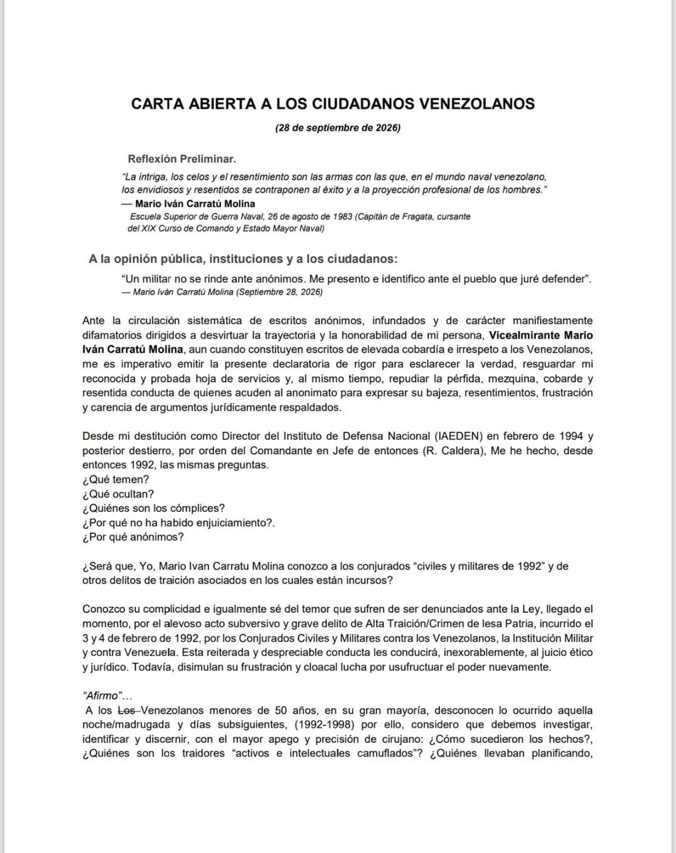 MiCarratu's tweet photo. Hola amigos en este chat. He intentado postear está Carta a los Ciudadanos 
Cada vez que lo hago es bloqueada su envío 

Saludos.
#DioaYPatria https://t.co/kL2iNMaXCH