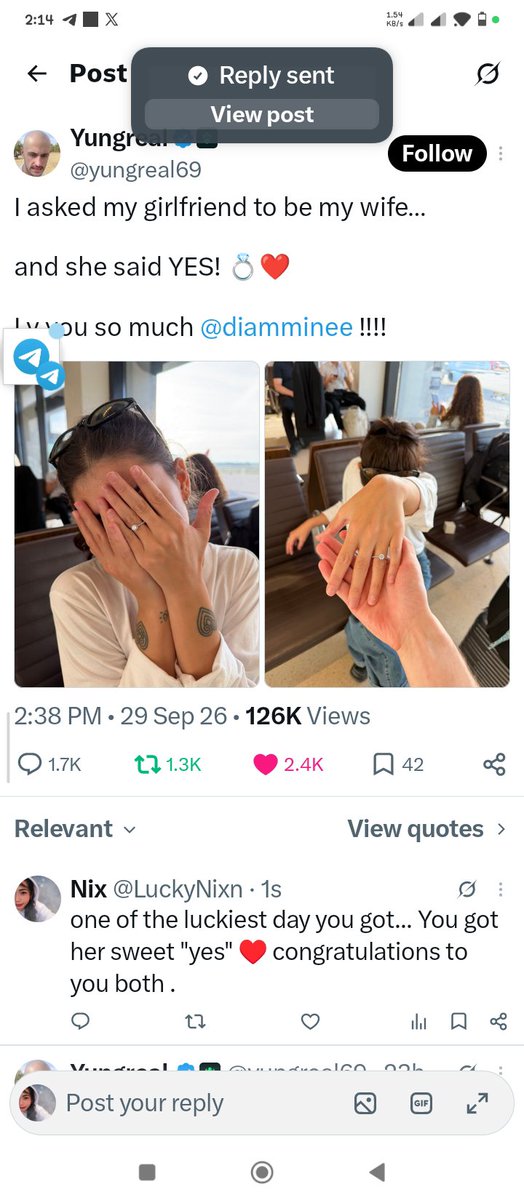 LuckyNixn's tweet photo. @yungreal69 Congratulation to you both..  

One of the girl's dream 😅 is to say yes to the ones we love when they proposed ♥️🥰 https://t.co/KUas6DU8Il