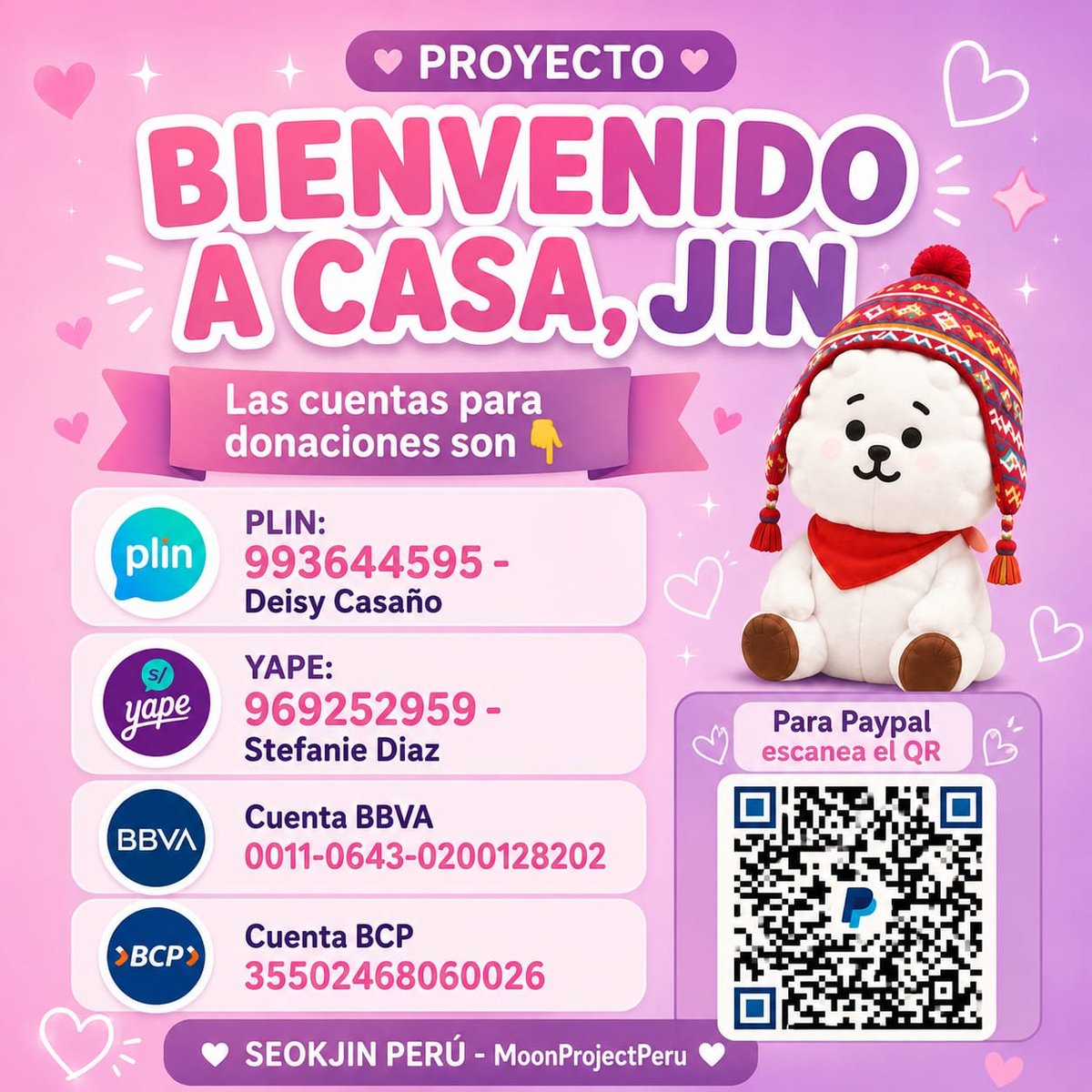 equalitysev7n's tweet photo. 💗 AYUDEMOS A LOGRAR EL PARAPENTE DE JIN EN PERÚ 🇵🇪💗

Hasta el momento, Jin tampoco cuenta con un parapente de bienvenida por su llegada a Perú. Por eso, queremos unirnos para hacerlo posible y brindarle la bienvenida que merece. 💗🙌🏼

@ksj_teamperu92 está realizando una colecta de donaciones para poder llevar a cabo este hermoso proyecto y demostrarle todo nuestro cariño y apoyo en su llegada.

Si deseas apoyar y formar parte de este detalle especial, puedes donar a los siguientes números:

• YAPE/PLIN: 969252959
Stefanie Díaz Zea

• YAPE/PLIN: 993644595
Deysi Casaño

Cada aporte, grande o pequeño, nos ayudará a acercarnos a este objetivo. Muchas gracias a todas las personas que se sumen y ayuden a hacer realidad esta hermosa bienvenida para Jin. 💗