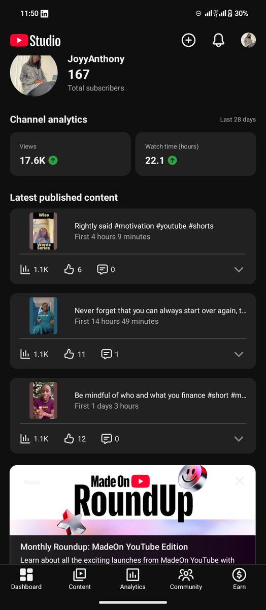 Joy_Anthony26's tweet photo. It's the way I'm getting 1.1k views on my shorts consistently for me.

I remember when I used to get 23, 34, 40, 19 views

Thank you Jesus https://t.co/Pi6xqs25fQ