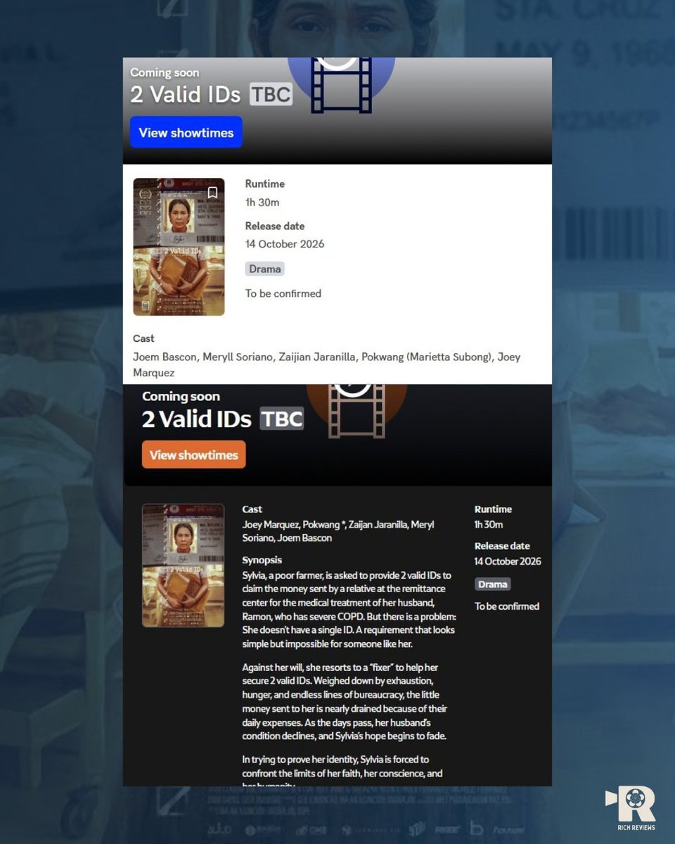 richardmz13's tweet photo. LOOK: ‘2 Valid IDs’ is now listed under the Coming Soon sections of SM Cinema and Ayala All Access, ahead of its October 14th nationwide release.

directed by Ma-an L. Asuncion-Dagñalan, the film stars #Cinemalaya2026 Best Actress winner Marietta Subong, better known as Pokwang. https://t.co/JDhjnKuu98