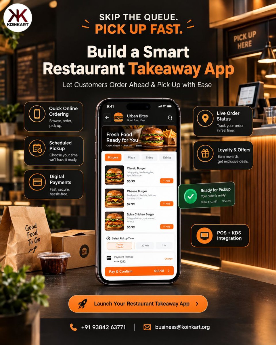 KoinKart's tweet photo. Restaurant Takeaway App Development helps businesses offer convenient online food ordering through customized digital platforms for menus, orders, and takeaway services.
visit us: https://t.co/8k6b8o0bJy
#RestaurantTakeawayApp #FoodDeliveryApp #RestaurantApp #FoodTech https://t.co/4ln57XbHYI
