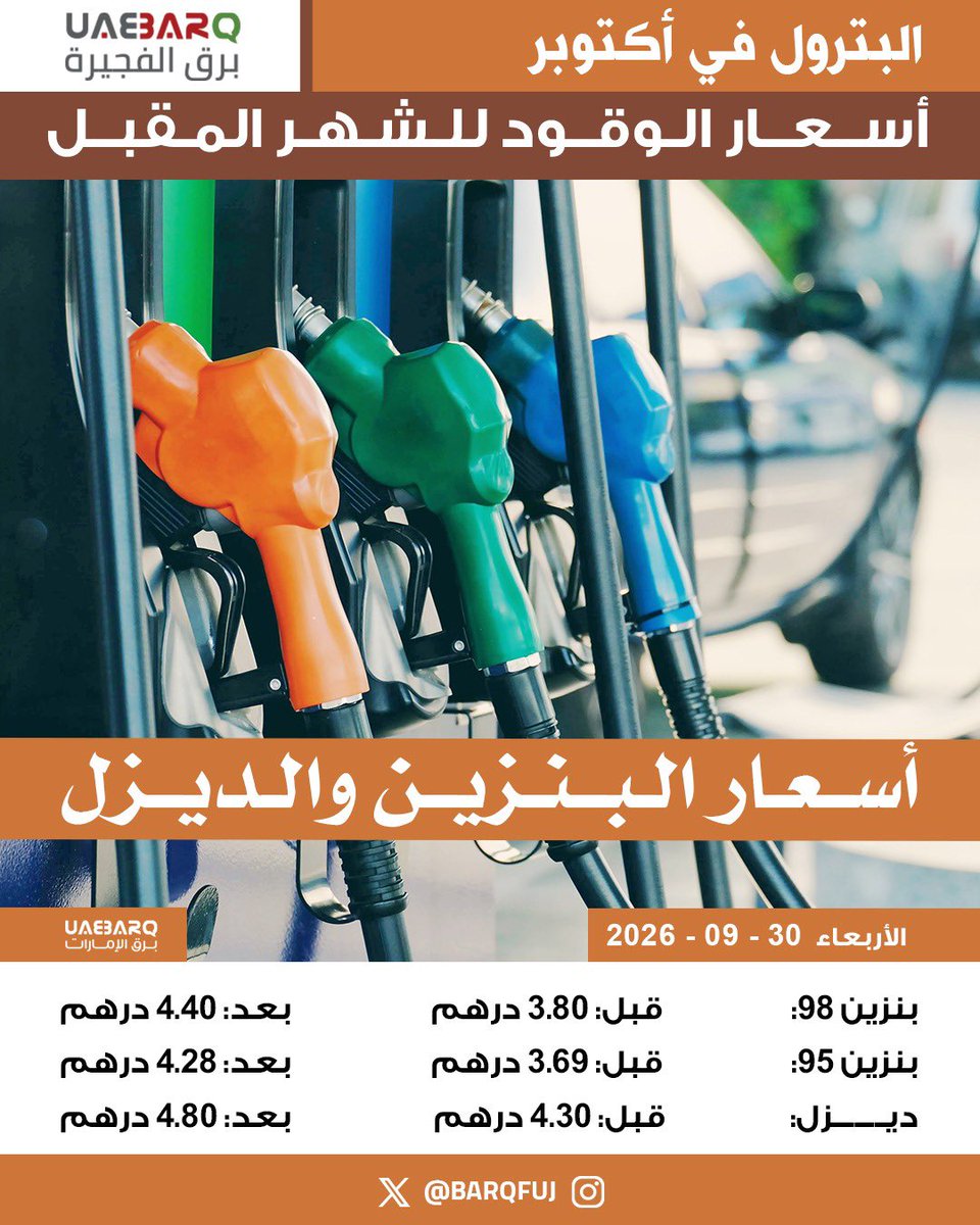BarqFuj's tweet photo. أسعار الوقود خلال شهر أكتوبر 2026.

#برق_الفجيرة https://t.co/GupMR53haI