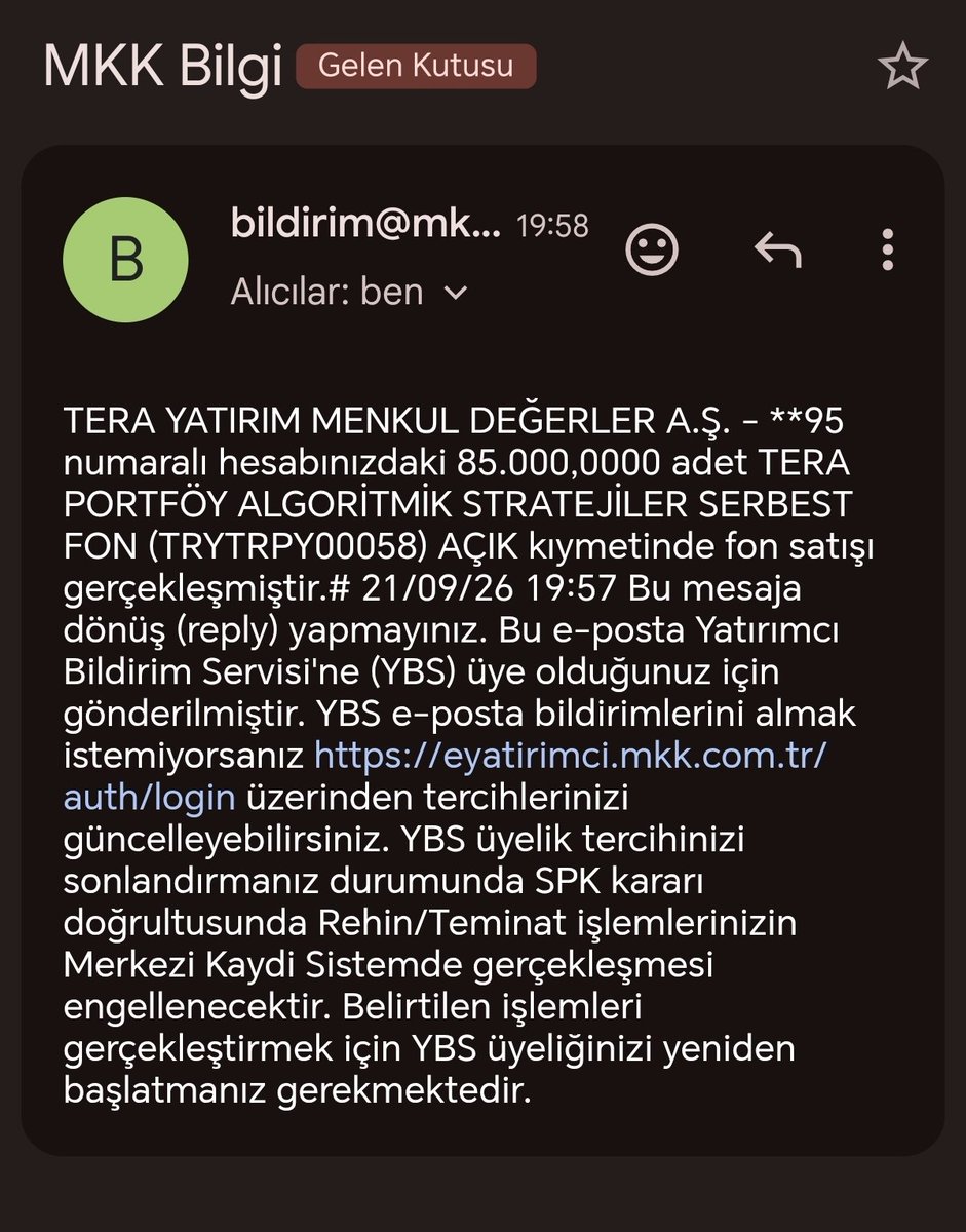 a_limurat's tweet photo. #TMV açıklama istiyoruz!

MKK Satışı gerçekleşti.
E Yatırımcı portfoyumde bu fon artık yok.
MKK hesap hareketlerinde TMV satış ve ıhracciya aktarılmış durumda.
MKK Mesajı geldi.

Peki para nerede?
Peki blokenin açıklaması ne?
Resmi açıklama istiyoruz.
Sahipsiz 15.000 kişi Terk edilmiş bir fon içerisindeyiz.

#TLY #TMV #THF #DOH
@spkgovtr
@terayatirim
@memetsimsek