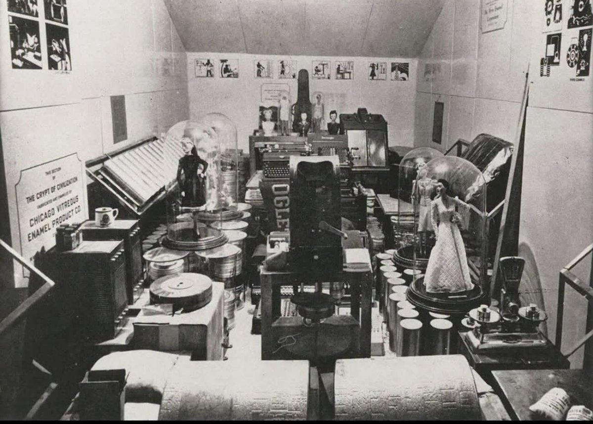 archeohistories's tweet photo. The Crypt of Civilization, a room-sized time capsule at Oglethorpe University in Brookhaven, Georgia, photographed prior to being sealed on May 28, 1940. Conceived by Dr. Thornwell Jacobs to preserve a record of 20th-century human knowledge and culture.... 

The Crypt of Civilization is not an ordinary time capsule. Located at Oglethorpe University in Atlanta, it is an entire room measuring 20 feet long, 10 feet wide and 10 feet high. Its stainless-steel door was welded shut in 1940 and is not supposed to be opened until May 28, 8113, more than 6,000 years later.

Inside are more than 640,000 pages of microfilmed material, movies, recordings, books and examples of everyday 1930s life. The collection includes a Donald Duck doll, Lincoln Logs, dental floss, a woman’s purse, a typewriter, dentures, seeds and even a specially preserved container of Budweiser beer.

Future discoverers were given machines for viewing the films and recordings, along with the wind-powered generator. The creators even anticipated that English might have disappeared by 8113 and included a machine designed to teach the language.

The Crypt contains recordings of Hitler, Stalin, Mussolini and Franklin Roosevelt, but also the voice of Popeye the Sailor and a champion hog caller, all deliberately preserved as sounds of our civilization for whoever opens the chamber 6,000 years from now.

#archaeohistories