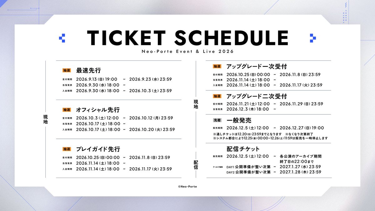 NeoPorte_info's tweet photo. ━━━━━━━━━━━━━
　ネオゼロキ Event 2026「Duel」
　Neo-Porte Live 2026「Contre-Jour」
　チケット最速先行 抽選結果のお知らせ✨
━━━━━━━━━━━━━

チケット最速先行にお申し込みいただいたお客様へ順次抽選結果をお送りしております。
メールもしくはチケットサイトの申込履歴をご確認ください！
ご当選のお客様は、ご入金もお忘れなく⚠️
┈┈┈┈┈┈┈┈┈┈┈┈┈┈┈┈
🗓️入金期限：10/3(土)23:59まで
┈┈┈┈┈┈┈┈┈┈┈┈┈┈┈┈

🔗特設サイト
https://t.co/3oeS4ud22F

#ネオゼロキ_Duel #ネオポルテ_ContreJour