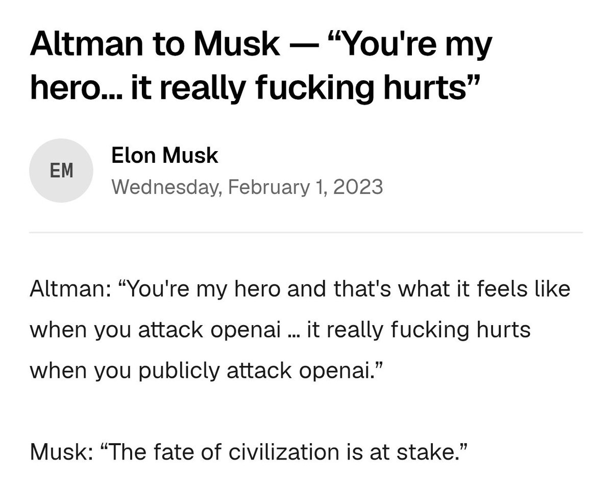 Nitish__2801's tweet photo. In 2023, Sam Altman wrote to Elon Musk:
“You’re my hero… it really fucking hurts when you publicly attack OpenAI.”
Musk’s reply: “The fate of civilization is at stake.”
Three years later, Musk texted Greg Brockman:
“You and Sam will be the most hated men in America.” https://t.co/U14UNFaVRR