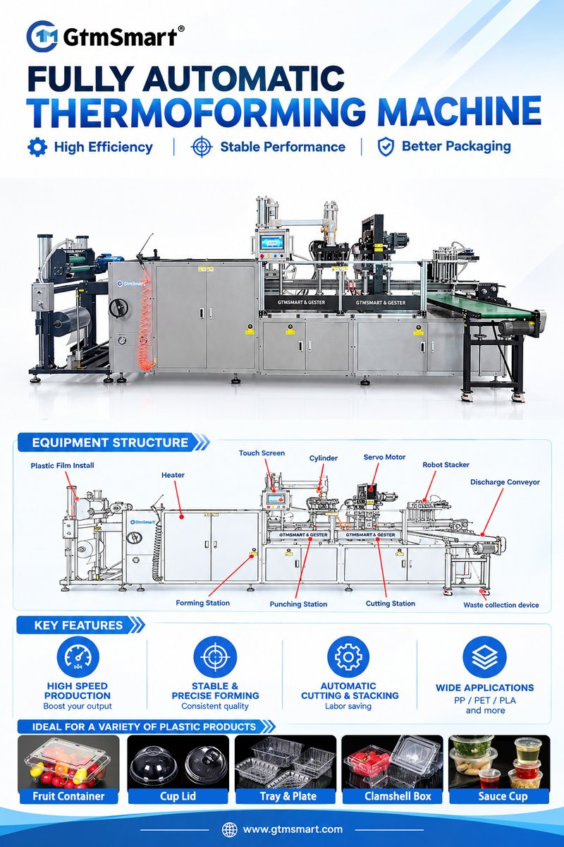 Gtmsmart1's tweet photo. 💙 Compact Automatic Thermoforming Machine ⚙️
🔸Smart • Efficient • Reliable
🔸From PET, PET, PVC, PS & PP materials to food containers, cups, lids and trays — one machine, multiple applications.
🌐 https://t.co/uJ6Quvk4GD
📧 sales@gtmsmart.com
#GtmSmart #ThermoformingMachine https://t.co/7B75Nd8irw