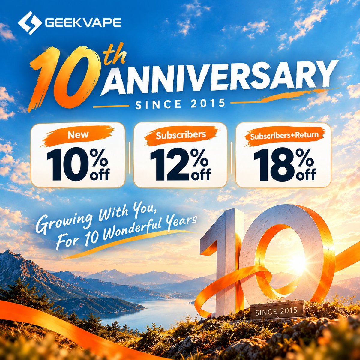 GeekvapeStore's tweet photo. Since 2015 โข Growing With You, For 11 Wonderful Years.
โ
Active: 2026.10.01-2026.10.09
๐จNEW โข 10% OFF
๐
Subscribers โข 12% OFF
๐ฅSubscribers+RETURN โข 18% OFF
โจAuto applied โจ No code needed.
Thank you for growing with us.
#AnniversarySale #10YearsStrong #ExclusiveOffer https://t.co/QXXMBk0CkZ