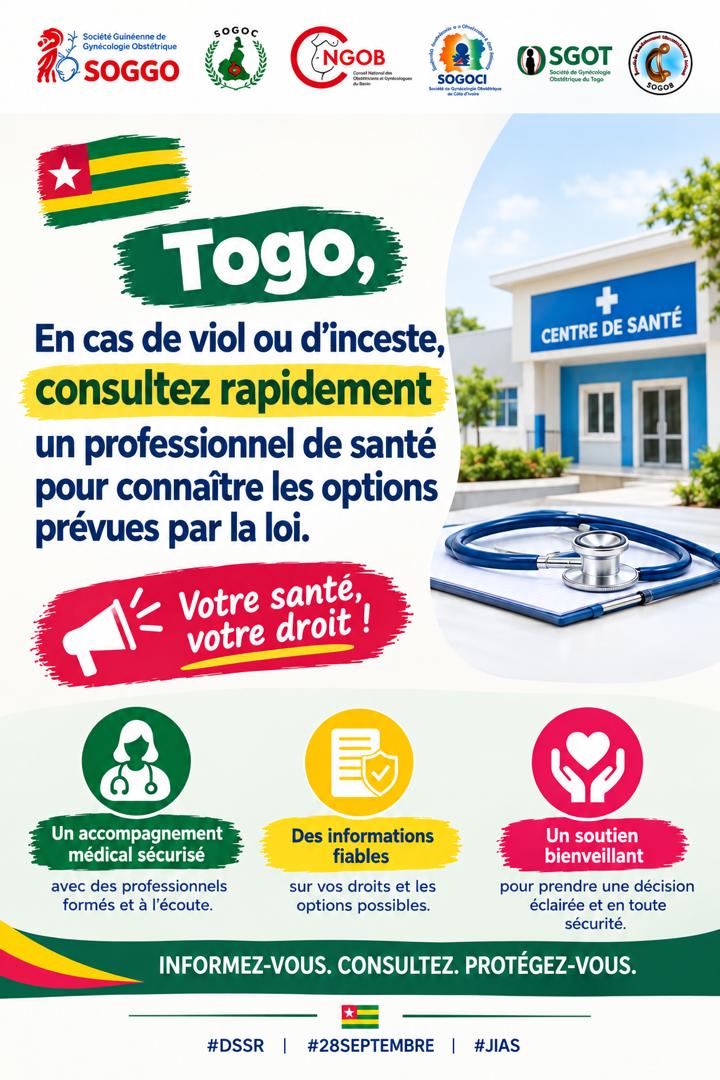 Sgot_togo's tweet photo. En cas de viol ou d'inceste, consultez rapidement un professionnel de santé pour connaître les options prévues par la loi.

#AvortementSécurisé #28Septembre #DSSR #SantéSexuelleEtReproductive #ZéroStigmatisation,#AbortionHealthcare, #StrengthenHealthSystemsnow https://t.co/gbGnX2bGbg