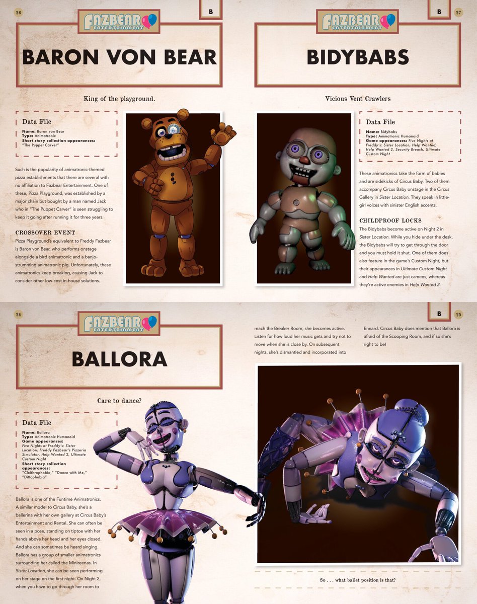 FNAFAlerts's tweet photo. Previews for the Five Nights at Freddy’s Character Encyclopedia: Updated and Expanded have been spotted on Scholastic’s website!

Some of the preview pages feature characters like The Bobbiedots, Baron Von Bear, B-7, Ballora, William Afton, and even Secret of the Mimic protagonist Arnold, finally revealing an official design!

Link below to Source:
https://t.co/SwTO1PQr73