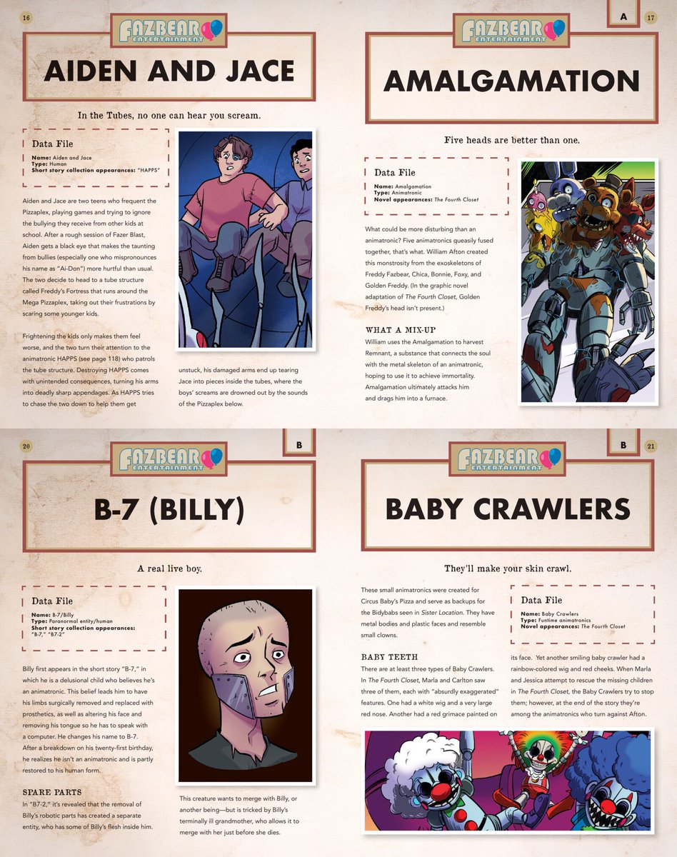 FNAFAlerts's tweet photo. Previews for the Five Nights at Freddy’s Character Encyclopedia: Updated and Expanded have been spotted on Scholastic’s website!

Some of the preview pages feature characters like The Bobbiedots, Baron Von Bear, B-7, Ballora, William Afton, and even Secret of the Mimic protagonist Arnold, finally revealing an official design!

Link below to Source:
https://t.co/SwTO1PQr73