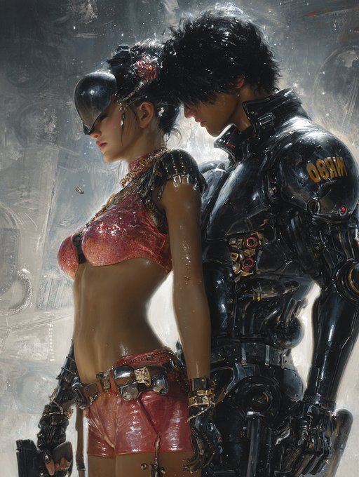 A digital painting depicts a woman in red athletic wear and sunglasses standing back-to-back with a man in a black mechanical suit labeled 'GCHM'.