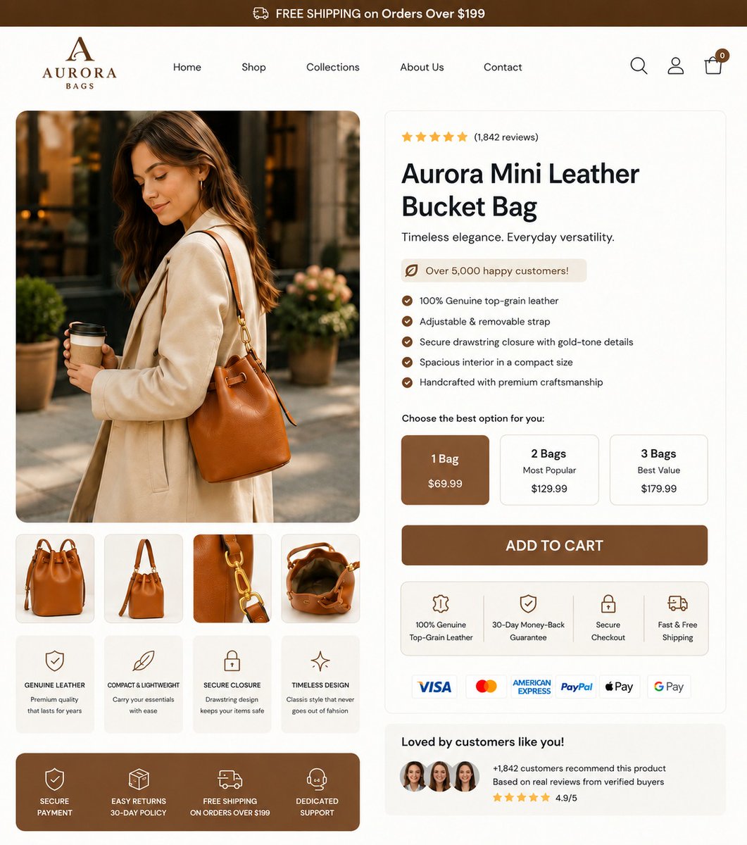 AdebanjiFe35705's tweet photo. Founders, why does a $69 leather bag have a 'Subscribe & Save' toggle? Subscribing to a handbag?
 
That is a huge UX disconnect. It confuses buyers and kills conversions. 

I design this Aurora Bags PDP by:

1. Killing the subscription.
2. Adding a tiered bundle anchor (Save on 3), 
3. Stacking trust badges under the CTA to justify the price. 

Drop your URL below for a free 1-min teardown. 

DM 'Audit' to fix your leaks. https://t.co/I7R4yE4Eqx 

#Shopify #DTC #CRO #UXDesign