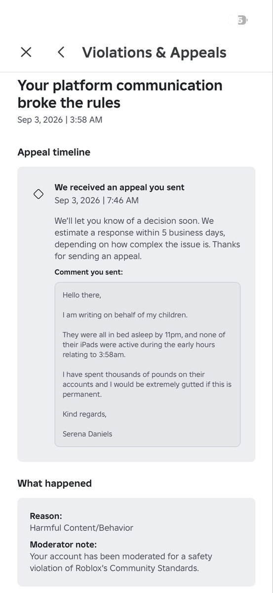 Serena46984075's tweet photo. Why’s Roblox changed the ban type? My son had “harmful content/behaviour”, now it says “other” and on the next page “child safety” (he’s a child himself) https://t.co/dcaDSItT3i