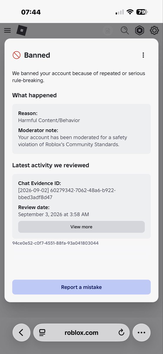 Serena46984075's tweet photo. Why’s Roblox changed the ban type? My son had “harmful content/behaviour”, now it says “other” and on the next page “child safety” (he’s a child himself) https://t.co/dcaDSItT3i