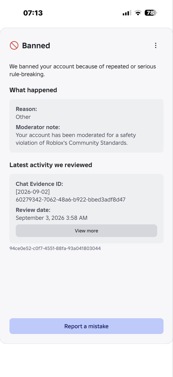 Serena46984075's tweet photo. Why’s Roblox changed the ban type? My son had “harmful content/behaviour”, now it says “other” and on the next page “child safety” (he’s a child himself) https://t.co/dcaDSItT3i