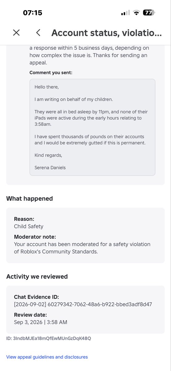Serena46984075's tweet photo. Why’s Roblox changed the ban type? My son had “harmful content/behaviour”, now it says “other” and on the next page “child safety” (he’s a child himself) https://t.co/dcaDSItT3i