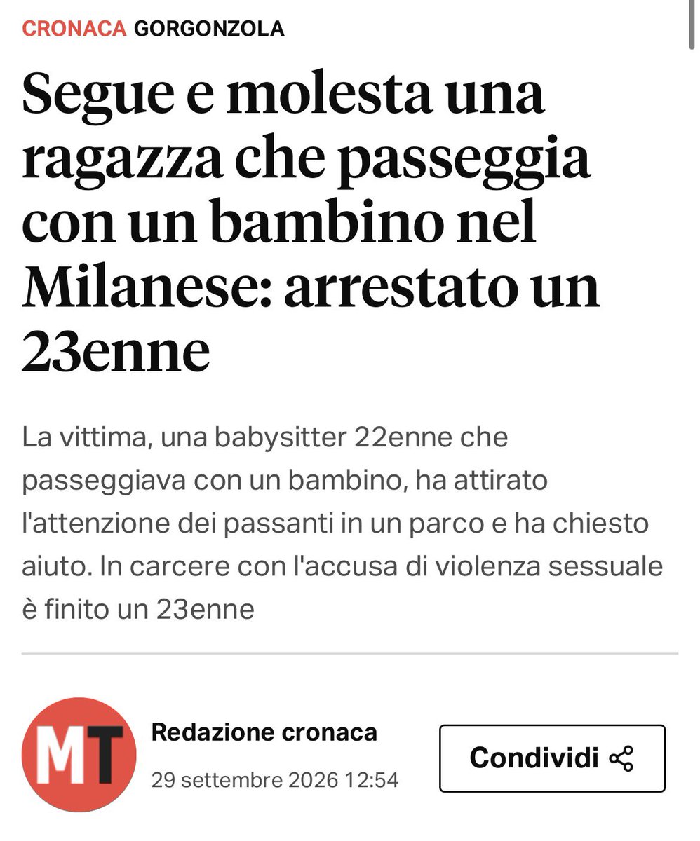 fratotolo2's tweet photo. Gorgonzola, un marocchino, già noto alle Forze dell’ordine, ha inseguito e molestato una babysitter di 22 anni italiana che passeggiava con il bimbo che stava accudendo.

La giovane è stata salvata dai passanti che hanno chiamato i carabinieri. https://t.co/Jt0cmEXrSj