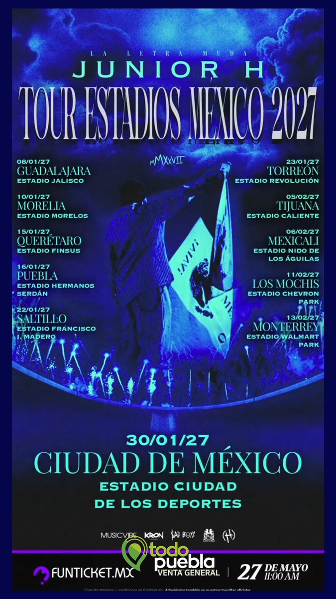 rosebud159's tweet photo. This patriotic month, celebrate with Junior H! Junior H in Puebla
January 16, 2027
Estadio Hermanos Serdán
Tickets available on FunTicket

MusicVibe promo: up to 50% off Sept. 2–10 or while supplies last. Limited to 1, 000 tickets per city. Invite: https://t.co/MzBtq3ucCT