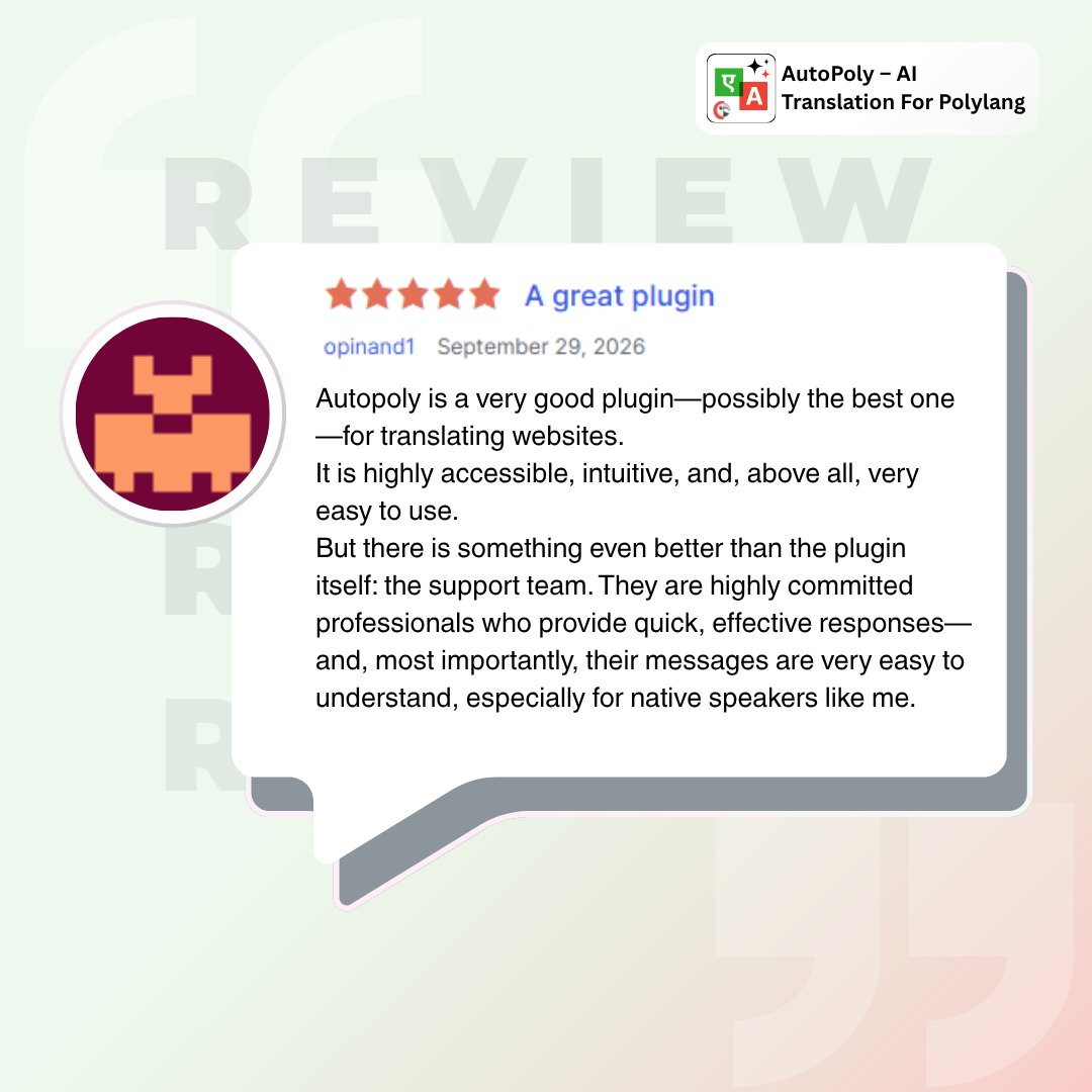 cool_plugins's tweet photo. Another 5-star review for AutoPoly!

Translate your WordPress site with ease using AutoPoly – AI Translation for Polylang. Simple, intuitive, and backed by responsive support.

Try AutoPoly: https://t.co/U1IDz2FttT

#Polylang #AITranslation #WordPressPlugin #AutoPoly #CoolPlugins https://t.co/jsi78H1lQR