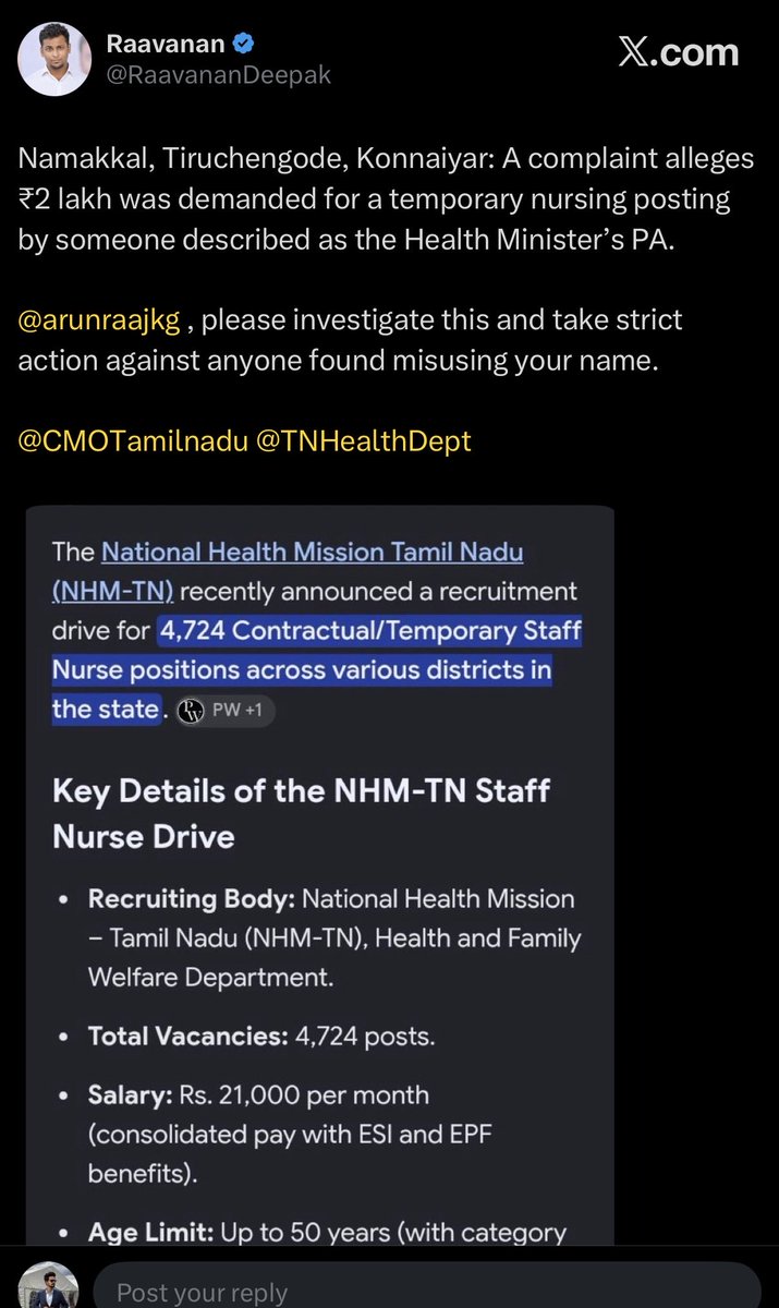 vignesh_txt's tweet photo. Makkal Satchi (@makkal_saatchi) reported the issue on nurse recruitment just 4 hours ago and IMMEDIATE response by the department with facts and grievance email. 

No rhetoric on how last 10 years were or reverse allegations!

Focussed attention on 1/2 Ministry can do many good things and systemic changes. 

Thanks @arunraajkg sir! 🫡 

@RaavananDeepak @CMOTamilnadu