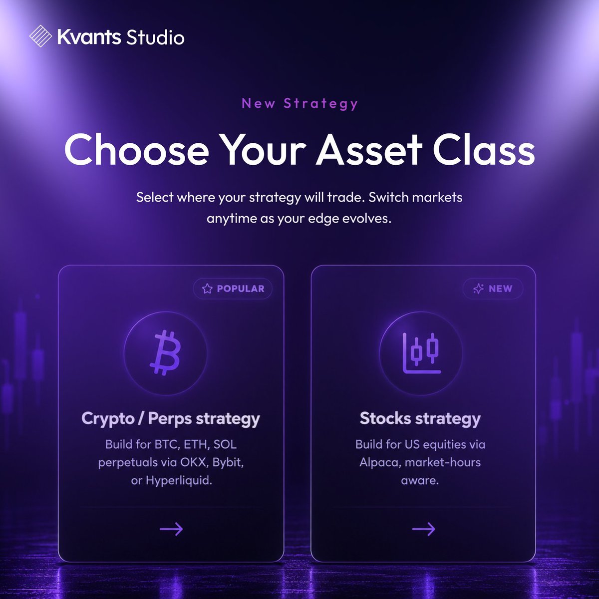 KvantsAI's tweet photo. One platform. Two markets. 💪

With @KvantsStudio, choose where your strategy belongs, stocks or crypto, and start building in minutes.

No coding.
No infrastructure.
No platform hopping.

Just pick your market, build your strategy, and let Kvants Studio handle the rest.

⚡ Build your strategy at https://t.co/6lxC7tD5He