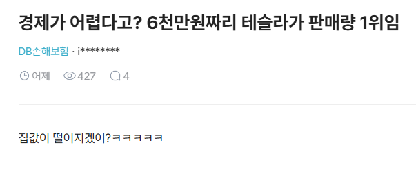 A Korean-language forum post from DCInside with the headline '경제가 어렵다고? 6천만원짜리 테슬라가 판매량 1위임' and a comment saying the user will be eliminated, showing 427 views and 4 comments.
