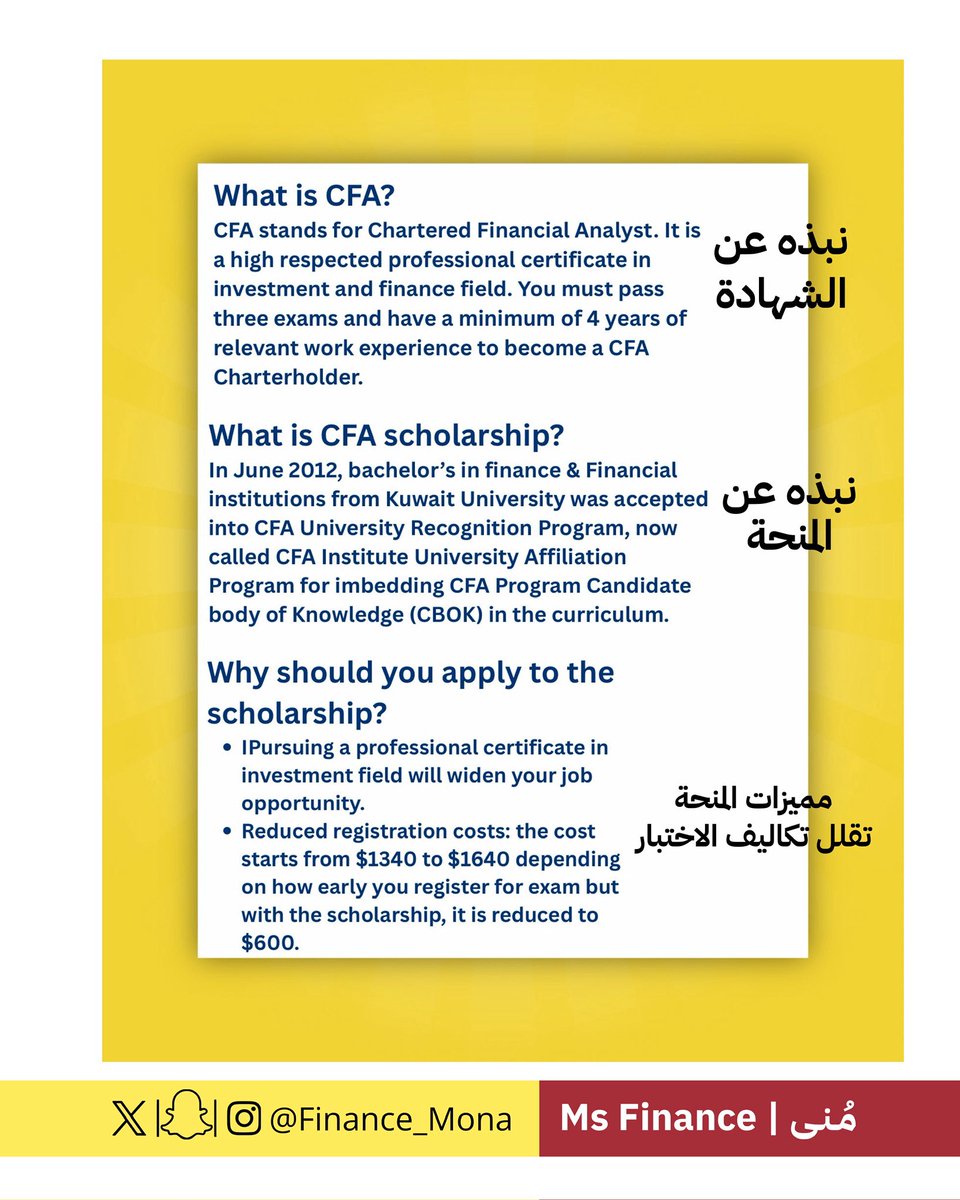 Finance_mona's tweet photo. 📣اعلان هام 
لطلبة تخصص التمويل: 
يعلن قسم التمويل والمنشآت المالية عن توفر منح لامتحان. CFA Level 1 للتقديم او الاستفسار يرجى التواصل مع: أ. داليا معرفي 
على البريد الالكتروني dalia.marafi@ku.edu.kw https://t.co/zbHUjgEm4p