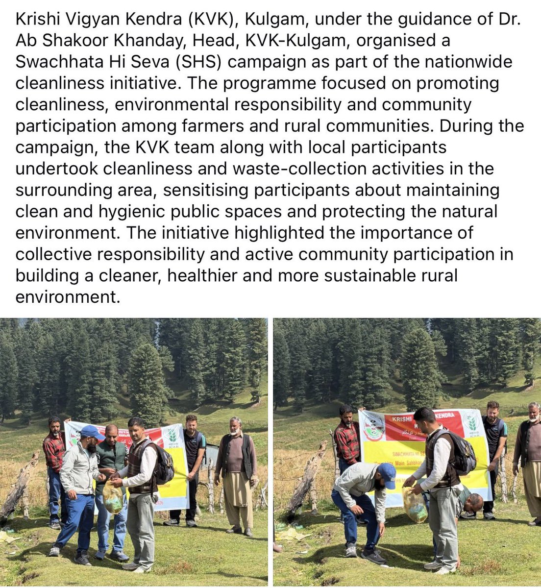 kvkkulgam's tweet photo. Krishi Vigyan Kendra (KVK), Kulgam, under the guidance of Dr. Ab Shakoor Khanday, Head, KVK-Kulgam, organised a Swachhata Hi Seva (SHS) campaign as part of the nationwide cleanliness initiative. https://t.co/5zot4UITxk