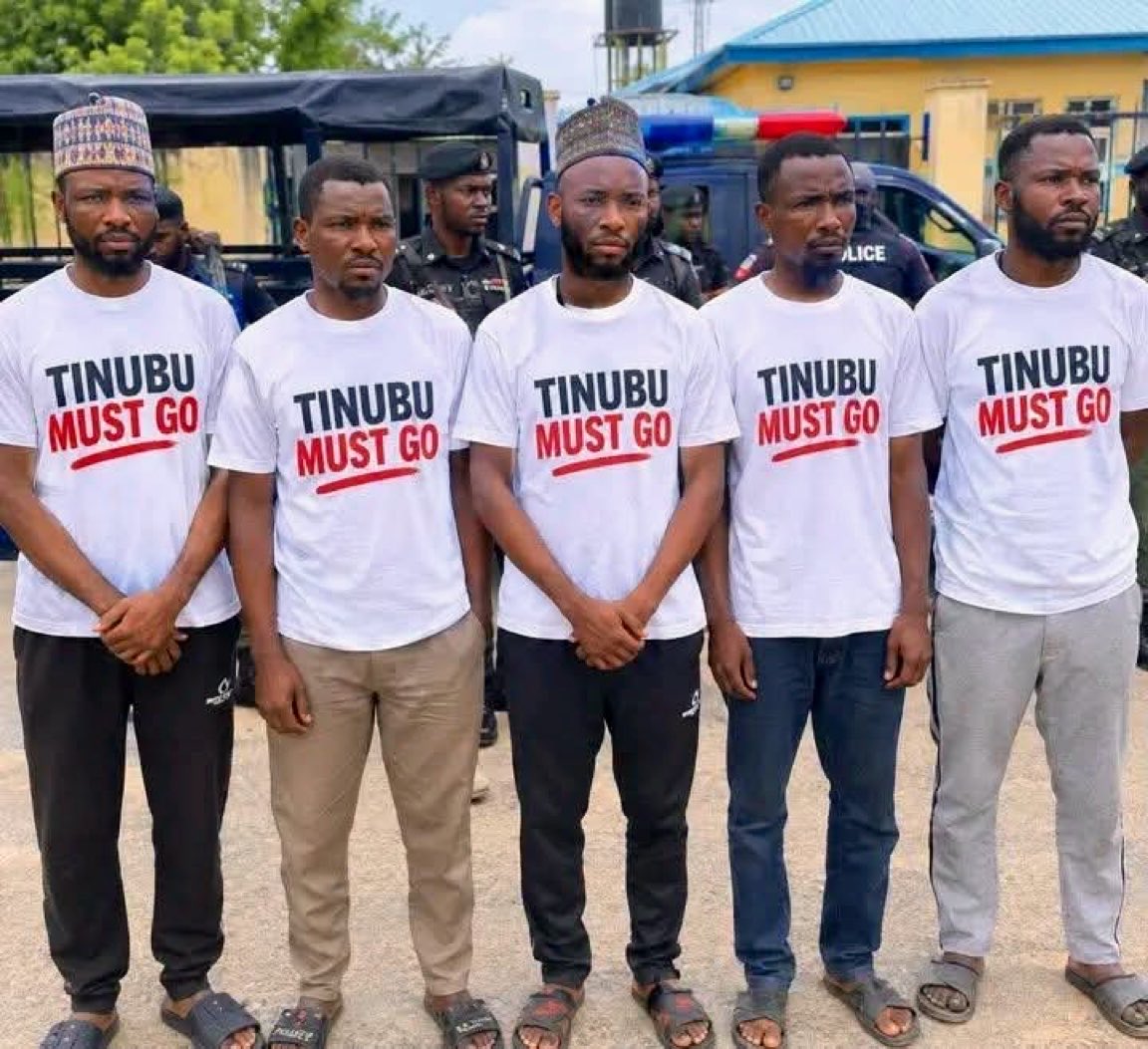 dangbanamanager's tweet photo. You can arrest five men, but you can’t arrest an entire nation. 🇳🇬

Release them. “Tinubu Must Go” won’t disappear because you fear the message. https://t.co/XEgGa4zgyg