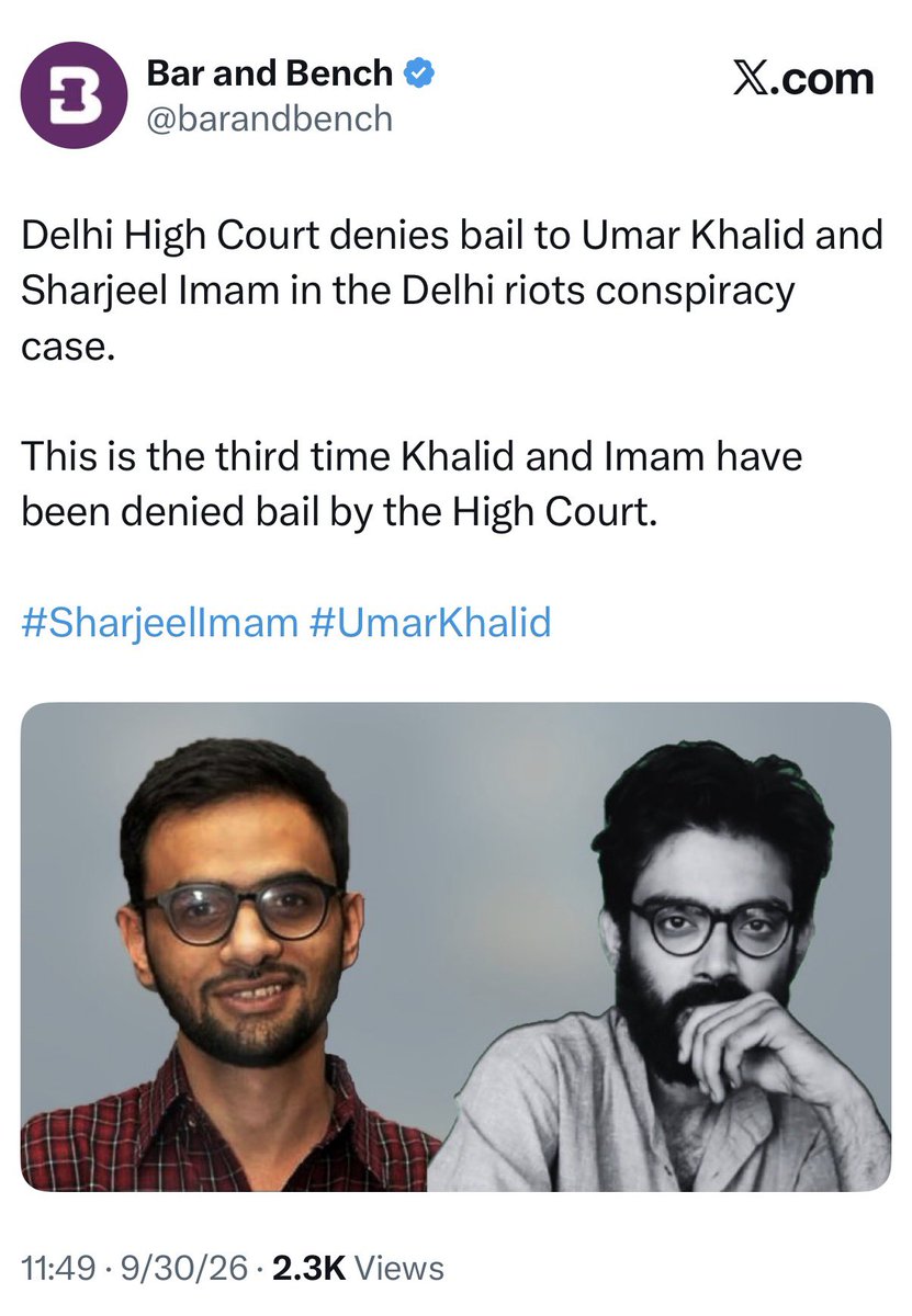 SaketGokhale's tweet photo. A US citizen & 2 Ukrainians charged with terrorism under UAPA were “allowed to go home” last week. NIA did not even object to it. 

But Umar & Sharjeel keep getting their bail denied even after 6 years in custody without trial. 

White people have more rights - in their own country as well as in Modi’s India. We are in our 2nd age of colonization.