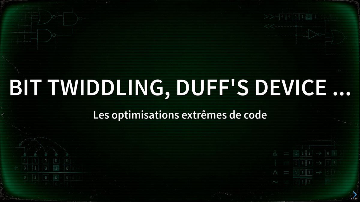ponceto91's tweet photo. On se retrouve à Volcamp demain jeudi 1er octobre à 10h15 pour mon tout nouveau talk « Bit Twiddling, Duff's Device ... Les optimisations extrêmes de code » @VolcampIO 

https://t.co/wLRGU1bccX https://t.co/aQQtzwWqFX
