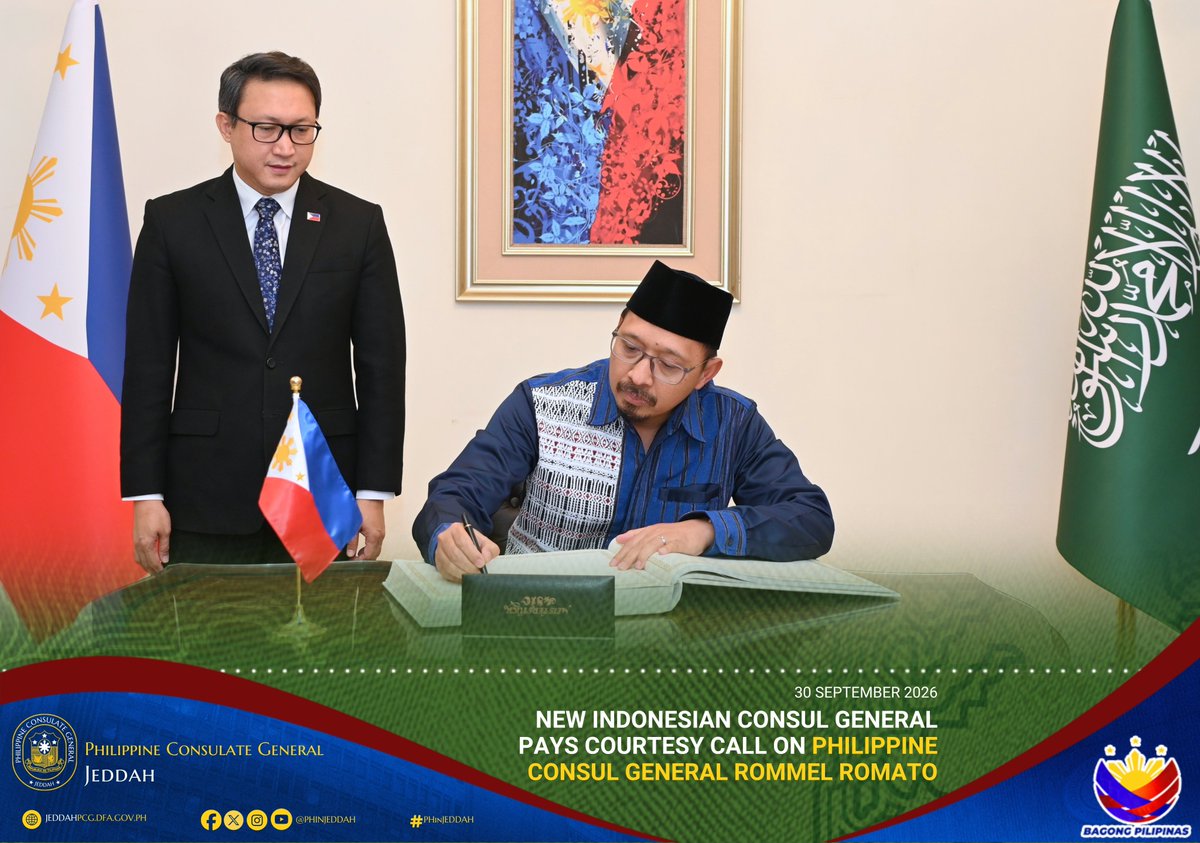PHinJeddah's tweet photo. On 29 Sept 2026, CG Rommel Romato welcomed Indonesian CG H.E. Sugiri Suparwan for a courtesy call in Jeddah. They discussed consular cooperation, community engagement, and the safety and welfare of their nationals in Saudi Arabia.

#PHinJeddah #PhilippinesIndonesia https://t.co/BELgPStE6M