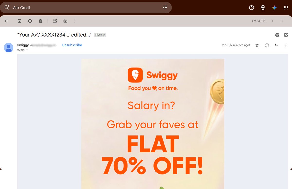 TarunSahu_'s tweet photo. Subject Line : Your A/C XXXX1234 credited…
Would you open this email ?

Of course…

Because it creates enough curiosity to let people open this email.

That's what a good subject line can do.

#emailmarketing #copywriting https://t.co/Hgkau9Wk2j