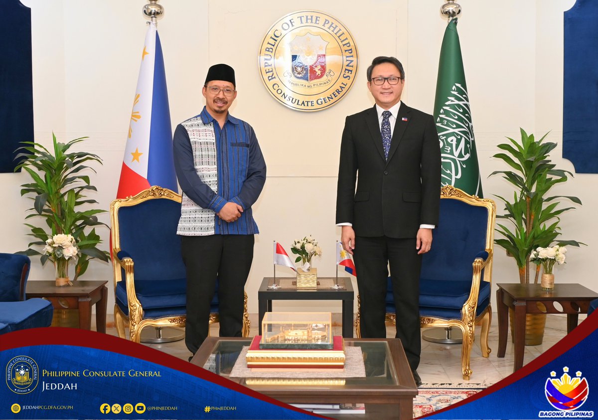 PHinJeddah's tweet photo. On 29 Sept 2026, CG Rommel Romato welcomed Indonesian CG H.E. Sugiri Suparwan for a courtesy call in Jeddah. They discussed consular cooperation, community engagement, and the safety and welfare of their nationals in Saudi Arabia.

#PHinJeddah #PhilippinesIndonesia https://t.co/BELgPStE6M