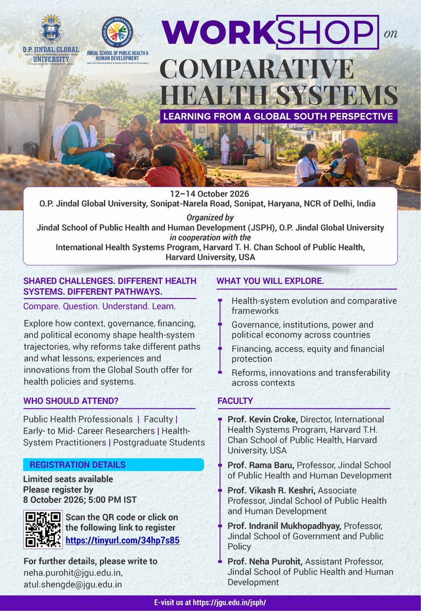 docVRK's tweet photo. How and why do health systems evolve differently? 🌏 
And what can we learn across contexts?

Join us for Comparative Health Systems: Learning from a Global South Perspective

12–14 Oct 2026 at @JindalGlobalUNI 
🔗 Register: https://t.co/hdbbnx4yOA

#HealthSystems #HPSR https://t.co/OM3o9hA1n7