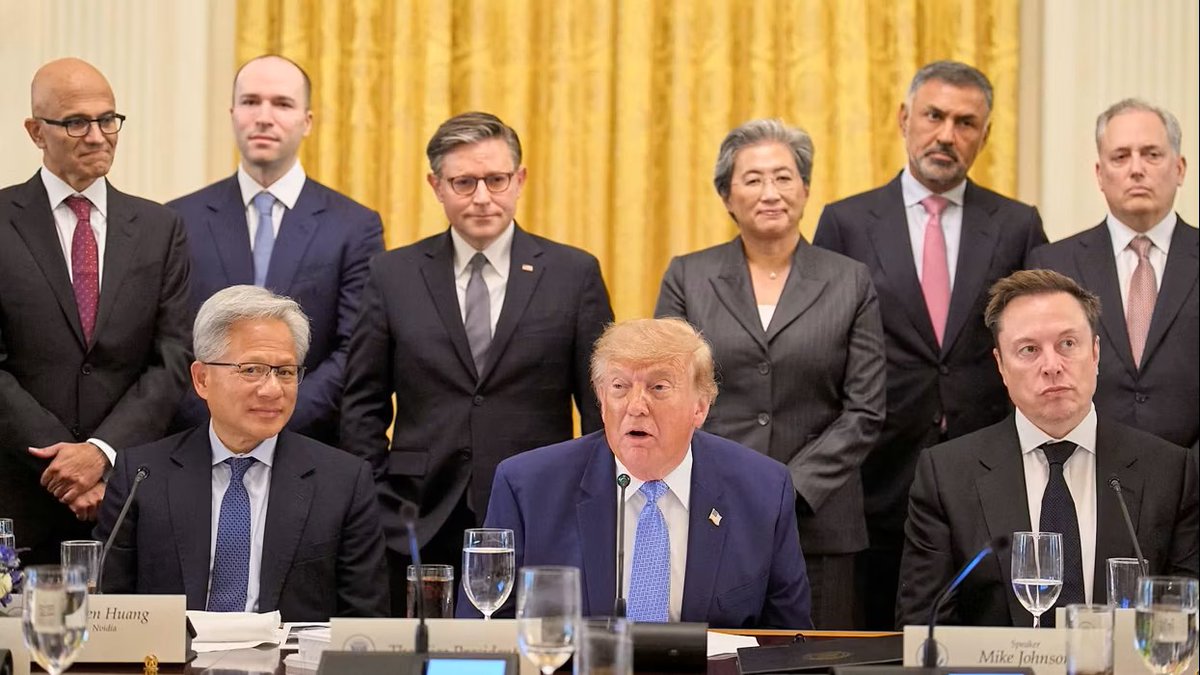 truststackng's tweet photo. Trump Meet Tech Leader over AI | White House Accord on Super Intelligence

Trump met with tech leaders including Zuckerberg, Huang, Pichai and Nadella at the White House to sign the Accord on Super Intelligence.

https://t.co/PaQKSEvCOP https://t.co/LKCSHW8uzn