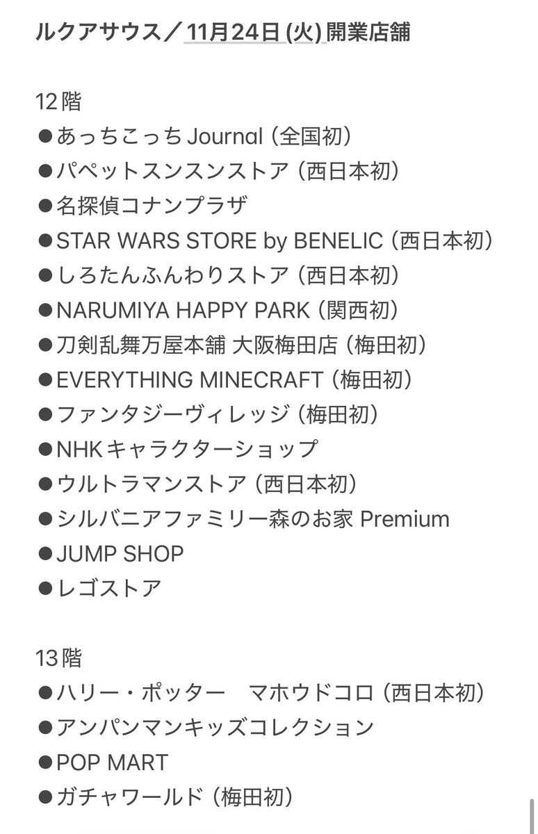 osaka_newshop's tweet photo. 【梅田】ルクアサウス（旧大丸梅田店10〜16階）・キャラクターズワールドの開業日が決定！11月24日(火)に計28店舗がオープンし、12月以降も順次店舗がオープン♪
https://t.co/cYTGG2A2Eo

※開業から当面の間は「事前抽選または先着入場整理券」を導入
※11月18日〜11月23日は会員限定プレオープン https://t.co/LWRABsoDsG