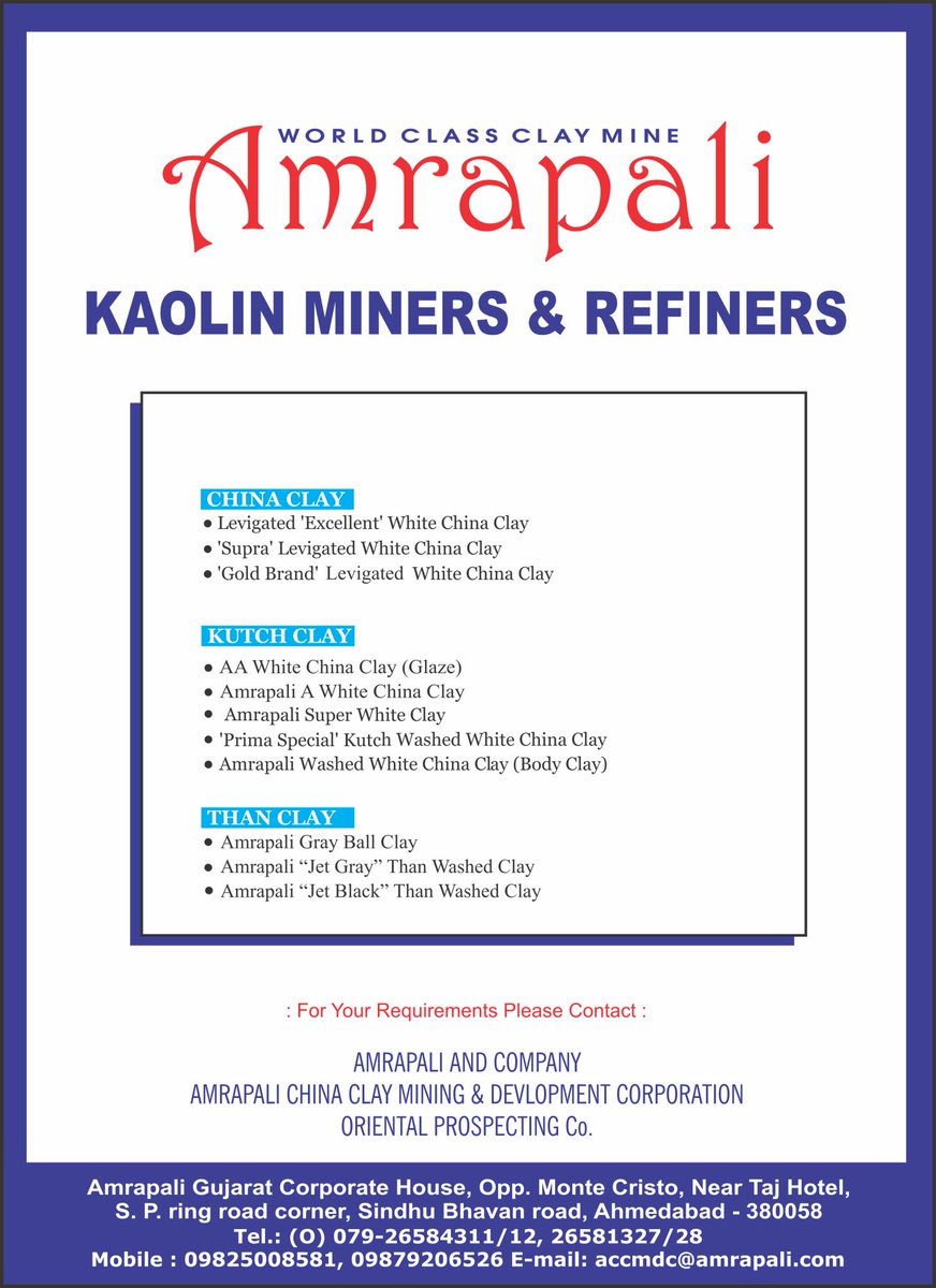 ceramic_india_'s tweet photo. Amrapali and Company, Ceramic India
https://t.co/Kyu46ggiLh
Suppliers Of Levigated China Clay, Than Clay, Kutch Clay, Talc, Dolomite, 
#ceramic #raw #materials #chemical #chinaclay #mines #minerals #digitalink #color #frit #feldspar #tiles #sanitarywares #india #morbi #gujarat https://t.co/d8lS591Al5